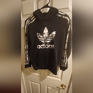 Youth Adidas Originals hoodie, camo stripes and camo trefoil logo in front